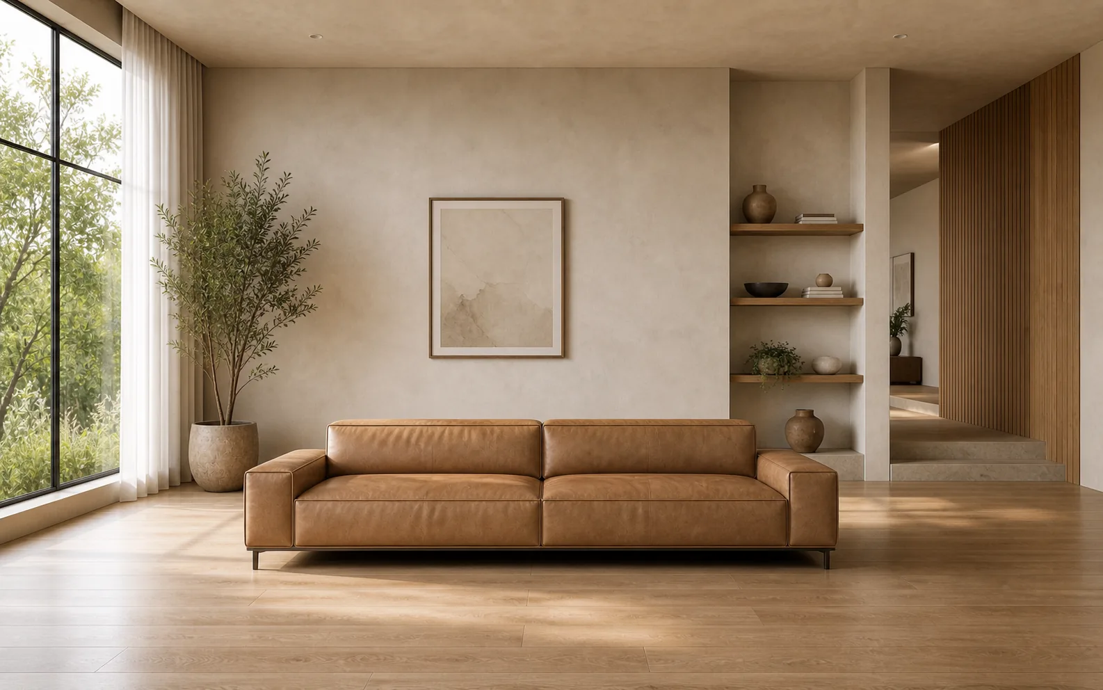 Caramel leather sofa option in the same interior