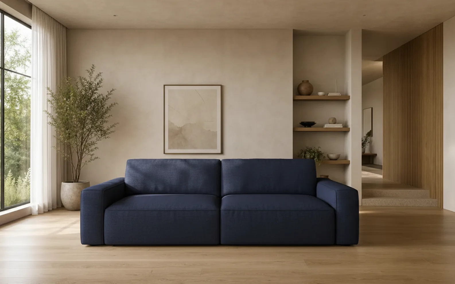 Navy linen sofa option in the same interior