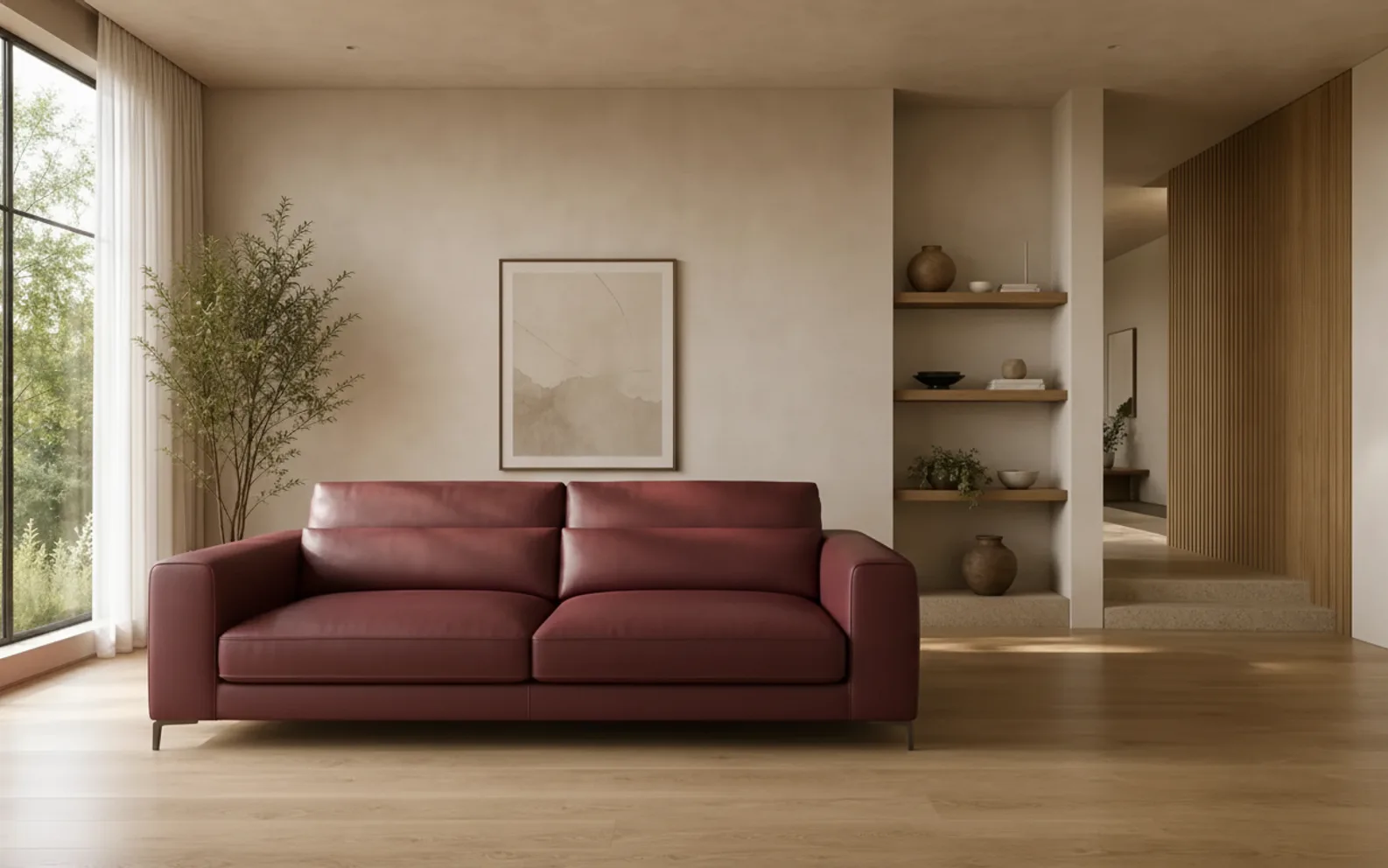 Oxblood leather sofa option in the same interior