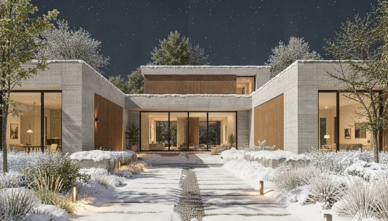 The same house exterior on a snowy winter night with lights on