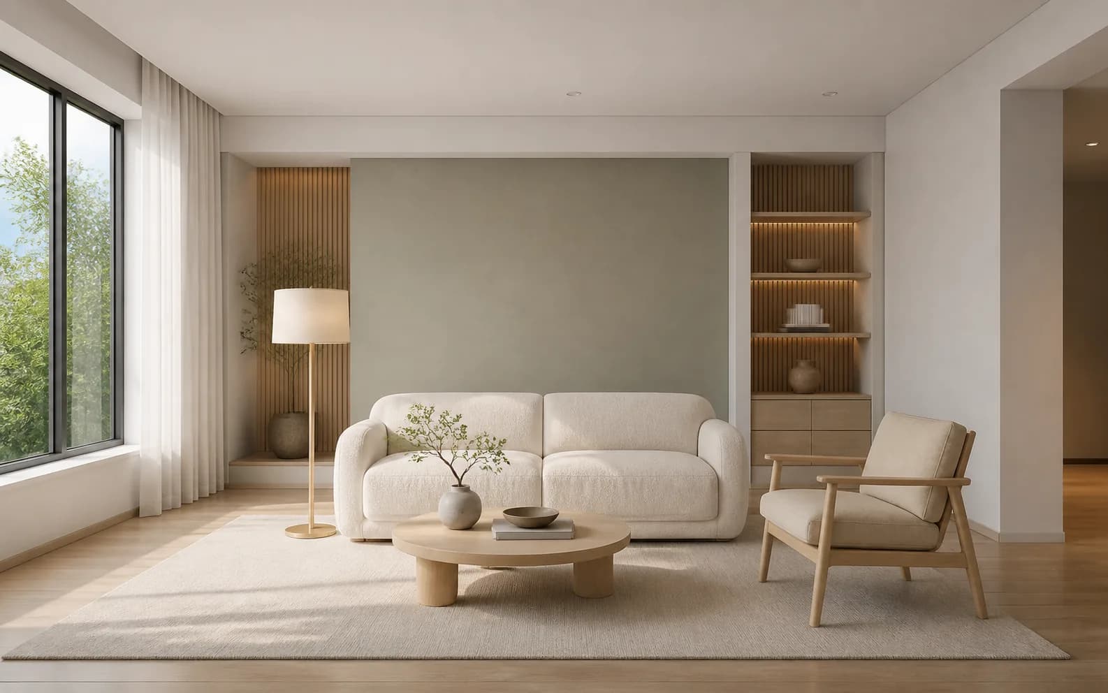Staged render with selected generated furniture assets placed in the room