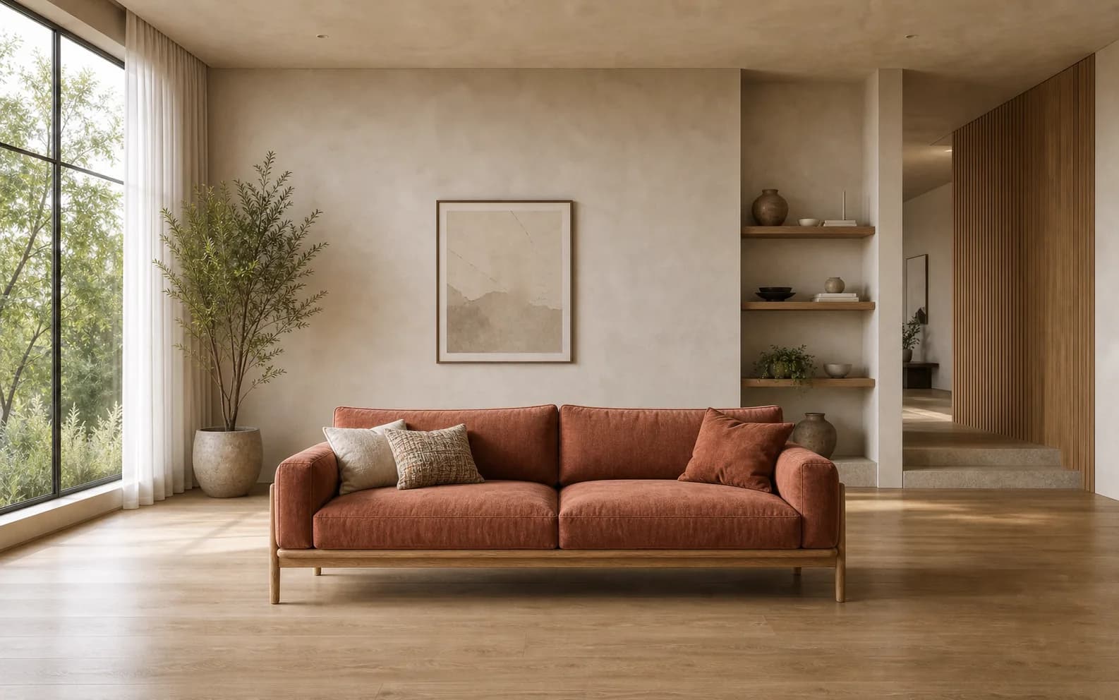 Rust bouclé sofa option in the same interior